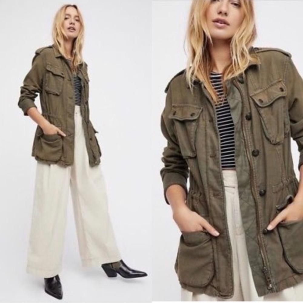New free people green military canvas jacket oversized size small